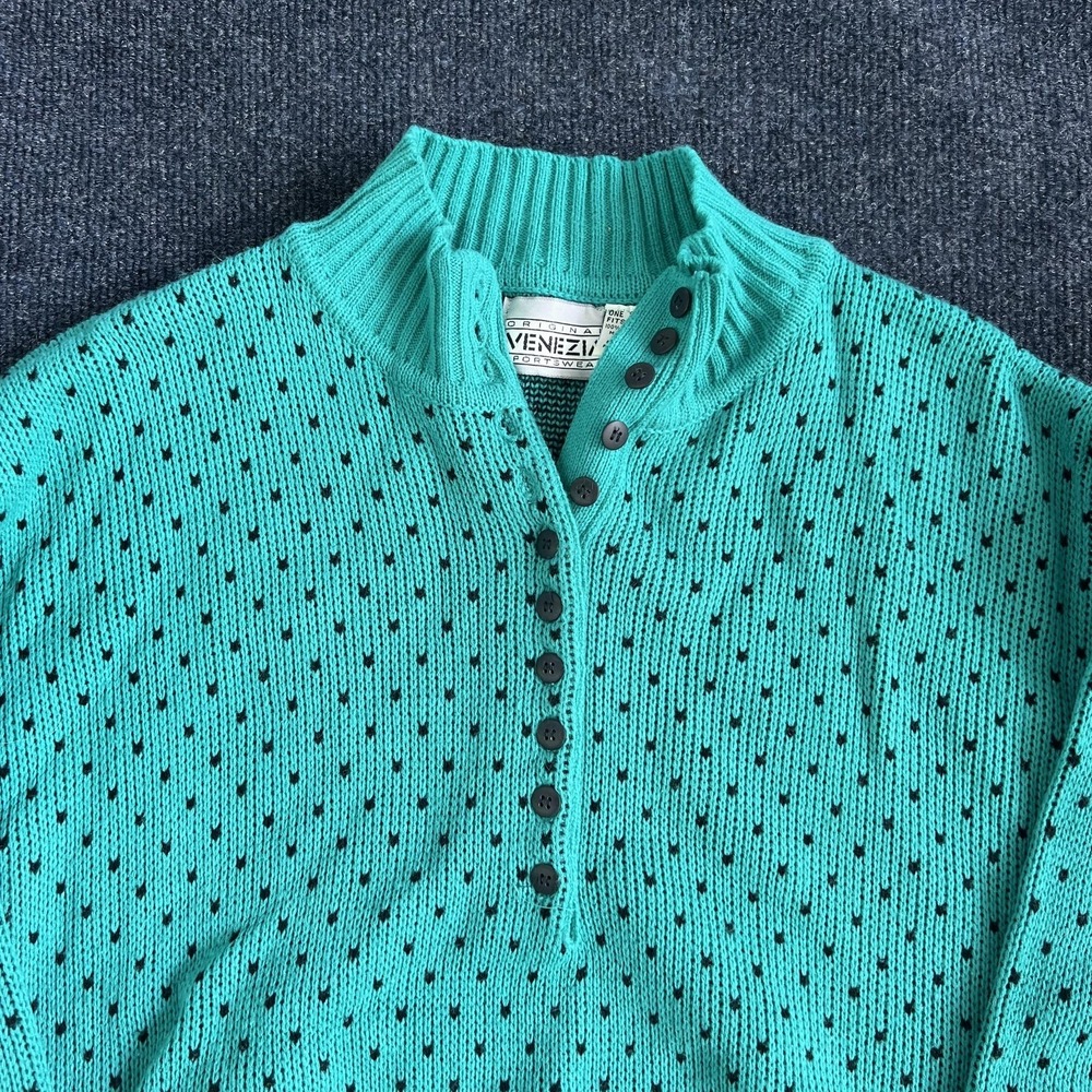 Vintage Venezia Sweater‎ Womens One Size Blue Mock Neck Henley Chunky 3/4 Sleeve